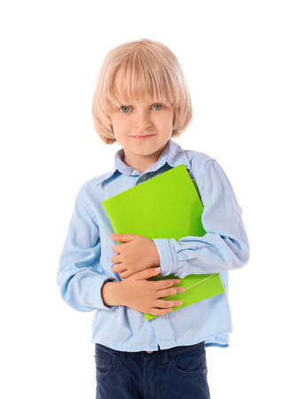 Cute little boy with notebooks on white backgroundの写真素材