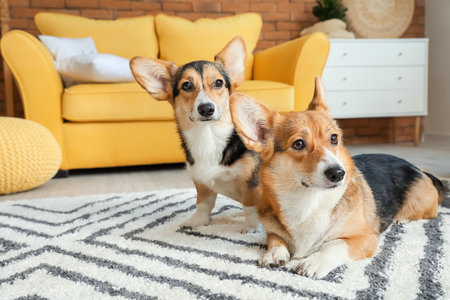 Cute corgi dogs at homeの写真素材