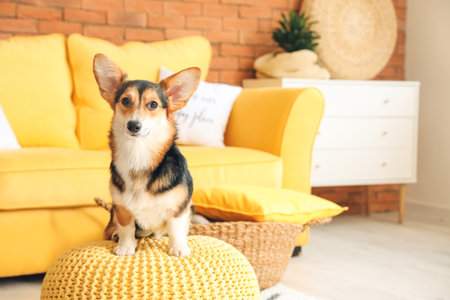 Cute corgi dog at homeの写真素材