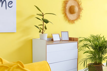Stylish interior of living room with chest of drawersの写真素材