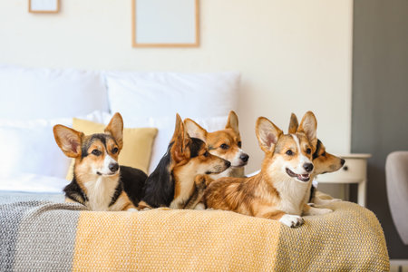 Cute corgi dogs resting on bed at homeの写真素材