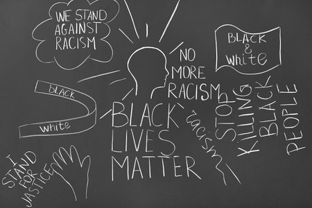 Drawn human head with text on dark background. Racism concept