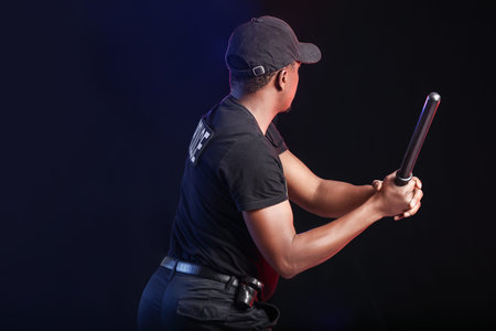 Aggressive African-American police officer with baton on dark background