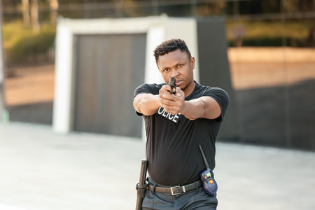 Aggressive African-American police officer with gun outdoors