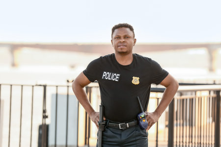 African-American police officer in the streetの写真素材