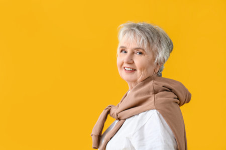 Stylish senior woman on color background