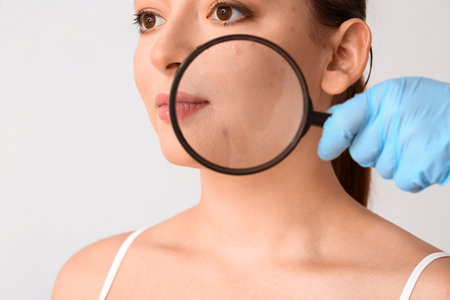 Doctor examining young woman with acne problem on light backgroundの写真素材