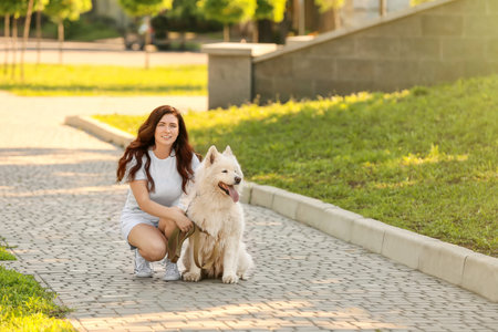 Young woman with cute dog walking in parkの写真素材
