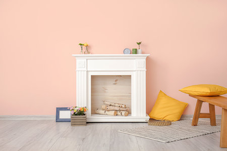 Interior of modern room with fireplaceの写真素材