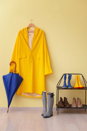 Interior of hallway with raincoatの写真素材