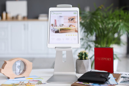 Open page of online booking service on screen of tablet computer on table
