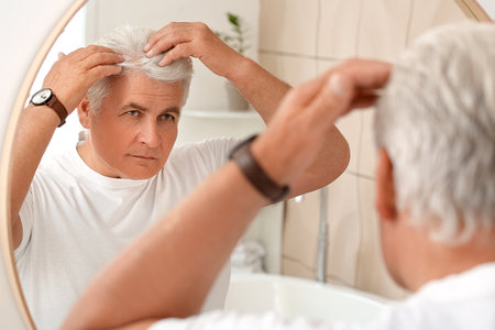 Senior man with gray hair near mirrorの写真素材
