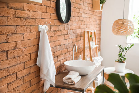 Stylish interior of modern bathroom with clean towelsの写真素材