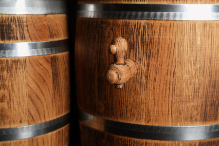 Wooden barrels as background, closeup