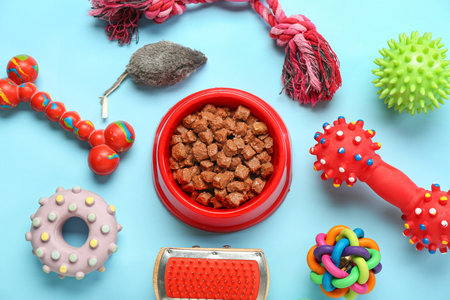 Composition with bowl of wet food and different pet care accessories on color backgroundの写真素材