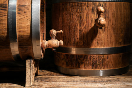 Oak barrels on wooden background, closeupの写真素材
