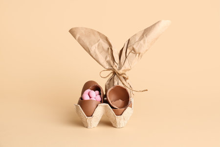 Holder with Easter bunny gift bag, chocolate eggs and candies on beige backgroundの写真素材
