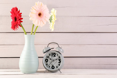 Alarm clock and vase with beautiful gerbera flowers on wooden backgroundの写真素材