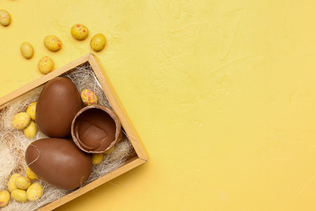 Box with chocolate Easter eggs and candies on yellow backgroundの写真素材