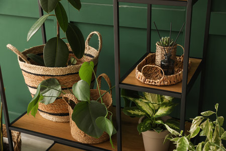 Shelving unit with potted houseplants near green wallの写真素材