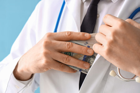 Male doctor hiding bribe on blue background, closeupの写真素材