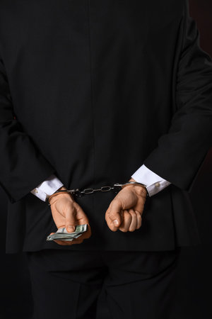 Handcuffed businessman with bribe on dark background, back viewの写真素材