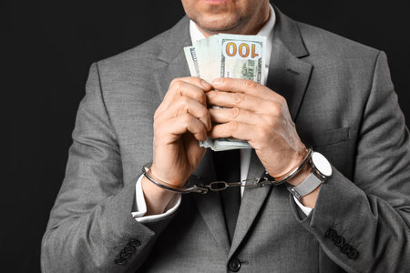 Handcuffed mature businessman with bribe on dark background, closeupの写真素材