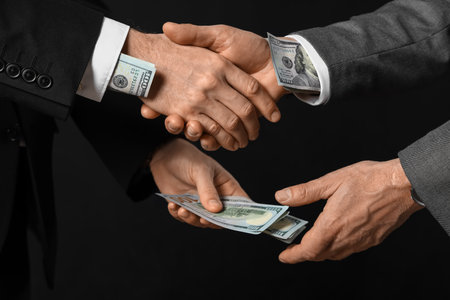 Men with bribe shaking hands on dark background, closeupの写真素材