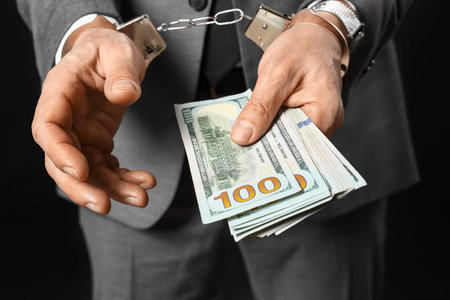 Handcuffed mature businessman with bribe on dark background, closeupの写真素材
