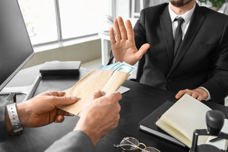 Business man refusing to take bribe in office, closeupの写真素材