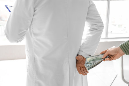 Patient giving bribe to doctor in clinic, closeupの写真素材