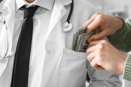 Patient putting bribe in doctor's pocket at hospital, closeupの写真素材