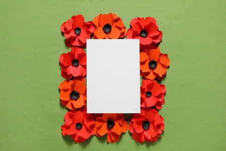 Blank paper sheet with poppy flowers on green backgroundの写真素材
