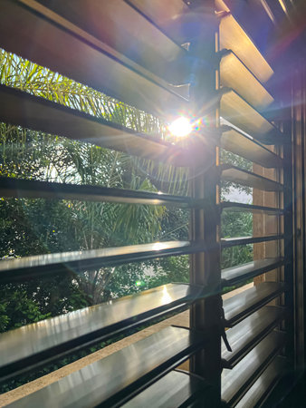 Window with black blinds in room, closeup