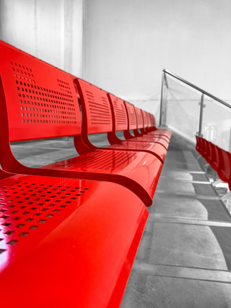 View of red seats in stadium, closeup