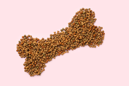 Bone made of dry pet food on pink background