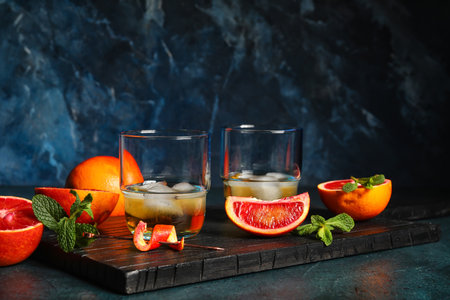 Glasses of rum with ice, mint and Sicilian orange on tableの写真素材