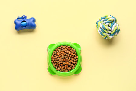 Bowl with dry pet food, toy and waste bags on color backgroundの写真素材