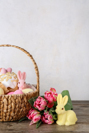 Basket with Easter eggs, cake, bunnies and tulip flowers on wooden table against gray backgroundの写真素材
