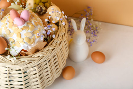 Basket with Easter eggs, cake, gypsophila flowers and bunny on white table near against beige...