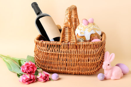 Basket with Easter eggs, cake, tulip flowers and bottle of wine on beige backgroundの写真素材