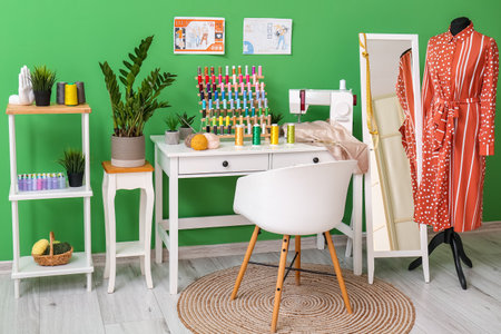 Interior of atelier with tailor's workplace, thread spools and mannequinの写真素材