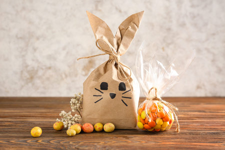 Easter bunny gift bag and candies on wooden table against grunge wall