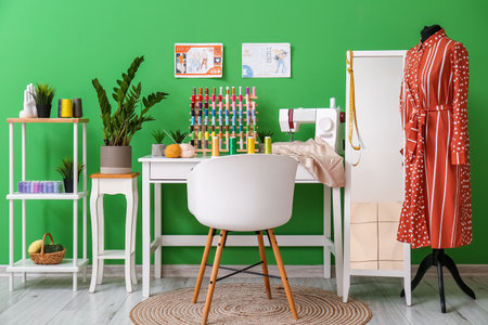 Interior of atelier with tailor's workplace, thread spools and mannequinの写真素材