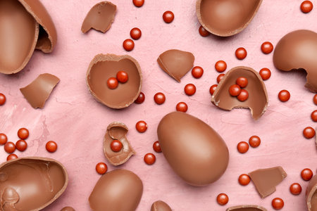 Candies and pieces of chocolate Easter eggs on pink backgroundの写真素材