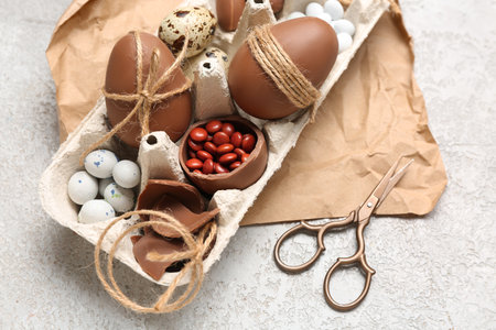 Composition with chocolate Easter eggs, candies, thread and scissors on gray grunge backgroundの写真素材