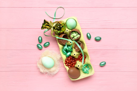 Composition with chocolate Easter eggs and candies on pink wooden backgroundの写真素材