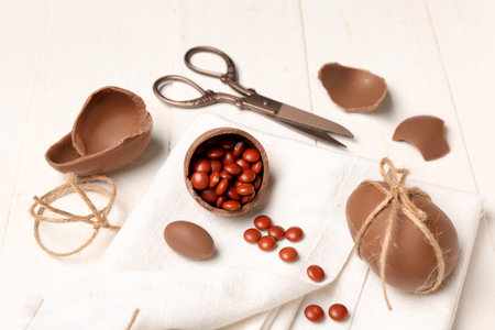 Candies, scissors and chocolate Easter egg tied with string on white wooden backgroundの写真素材
