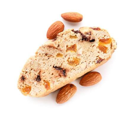 Delicious biscotti cookie and almond nuts isolated on white backgroundの写真素材