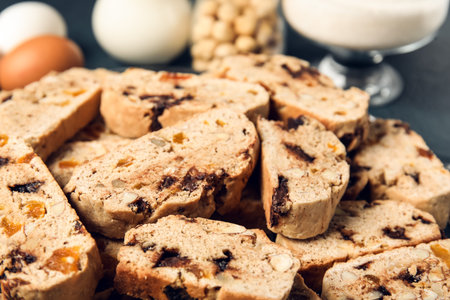 Delicious biscotti cookies on black background, closeupの写真素材